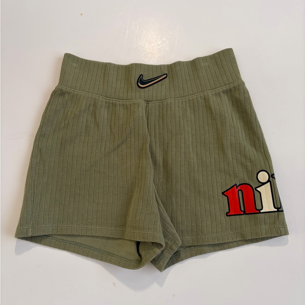 Nike Olive Green Ribbed Kids Shorts with Red Accent